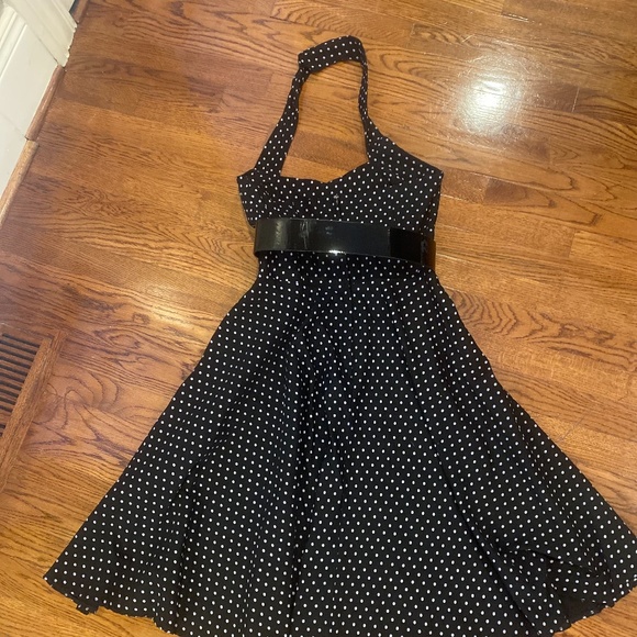 Black and White Vintage Polka Dot Dress Size Large Belted Halter Backless - Picture 3 of 4